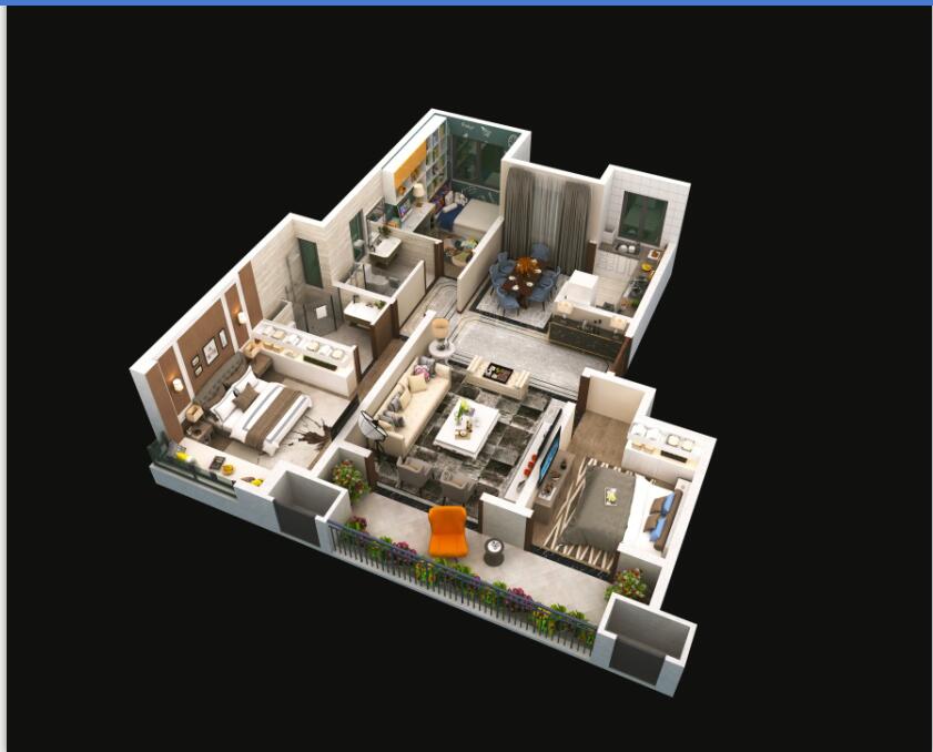 E戶型建面約124平方米，三室兩廳兩衛(wèi)