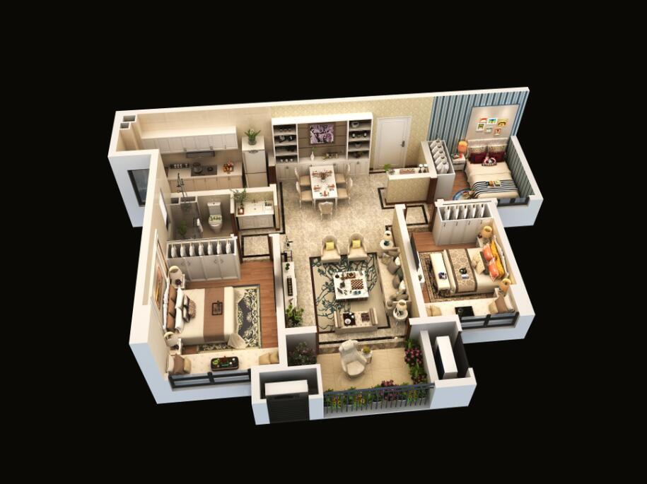 B戶型建面約96平方米，三室兩廳一衛(wèi)