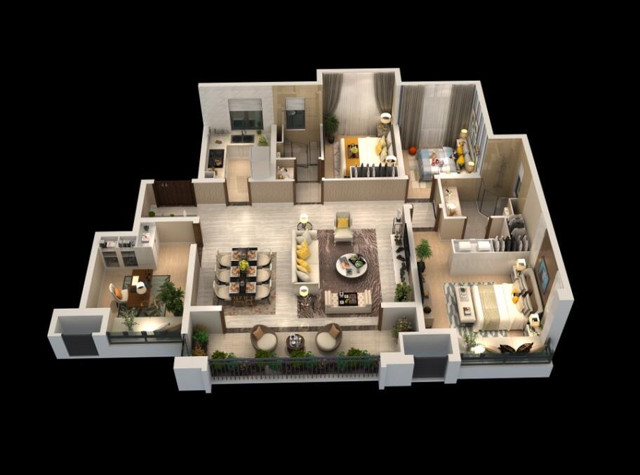 F戶型建面約142平方米，三室兩廳兩衛(wèi)